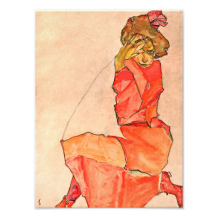 Egon Schiele - neeling Vrouw in Oranje rode dress Foto Afdruk
