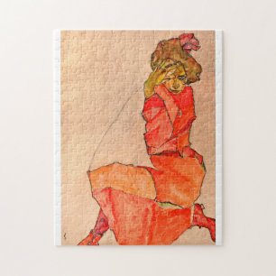Egon Schiele - neeling Vrouw in Oranje rode dress Legpuzzel