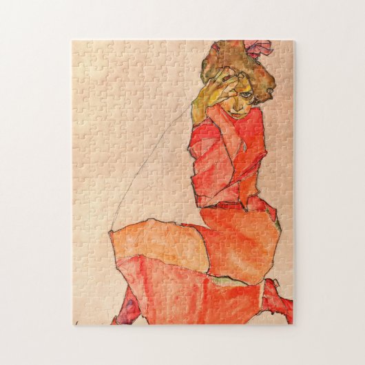 Egon Schiele - neeling Vrouw in Oranje rode dress Legpuzzel (Verticaal)