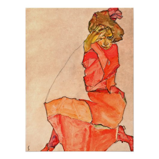 Egon Schiele - neeling Vrouw in Oranje rode dress Perfect Poster (Voorkant)
