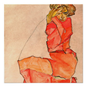 Egon Schiele - neeling Vrouw in Oranje rode dress Perfect Poster