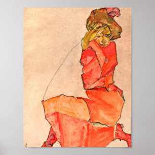 Egon Schiele - neeling Vrouw in Oranje rode dress Poster