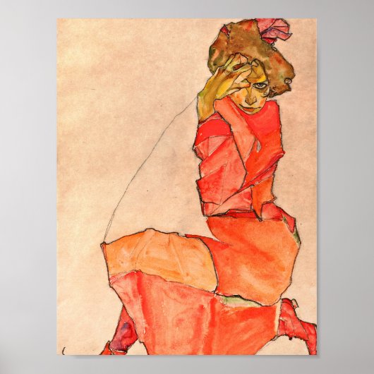 Egon Schiele - neeling Vrouw in Oranje rode dress Poster (Voorkant)