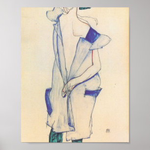 Egon Schiele - Permanent meisje in een blauw en gr Poster