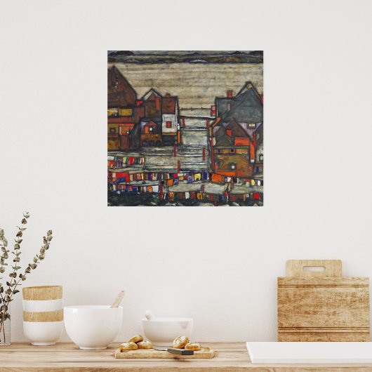 Egon Schiele - woningen met wasgoed Poster (Keuken)