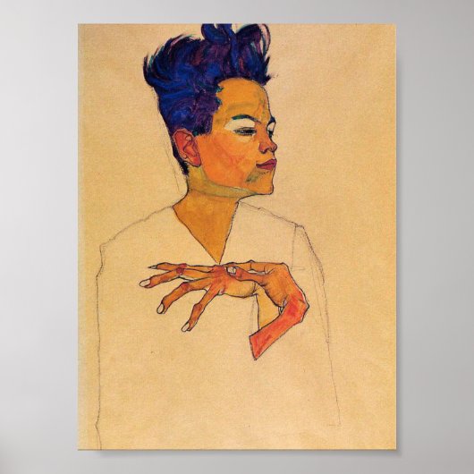 Egon Schiele - zelfportret met handen op de borst Poster (Voorkant)