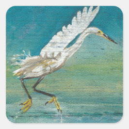 Egret Coastal Bird Ocean Lake Painting Vierkante Sticker