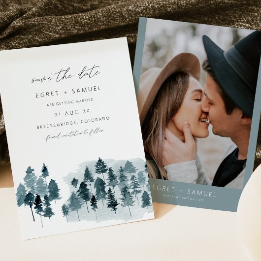 EGRET Leiste Blauw Aquarel Pijnboom Save the Date Kaart