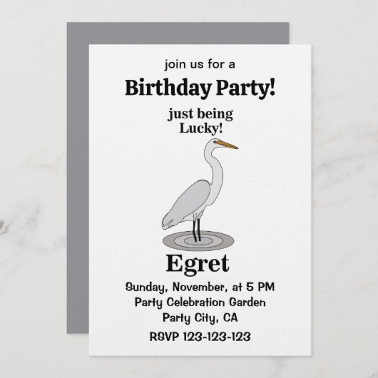 Egret Lucky Bird Birthday Party Kaart (Voorkant / Achterkant)