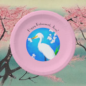 Egret met Sakura Cherry Blossom en Blue Sky Papieren Bordje