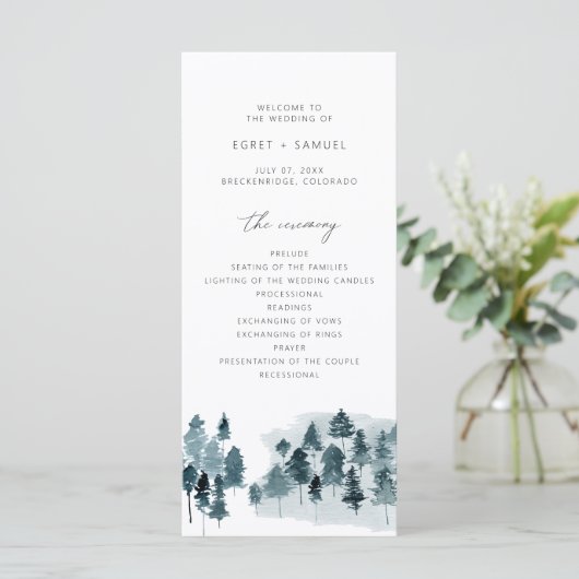 EGRET Slate Blue Waterverf Pines Wedding Programme Menu (Staand voorkant)