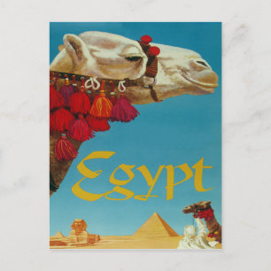 Egypte, kameel in woestijn met piramides en sfinx briefkaart