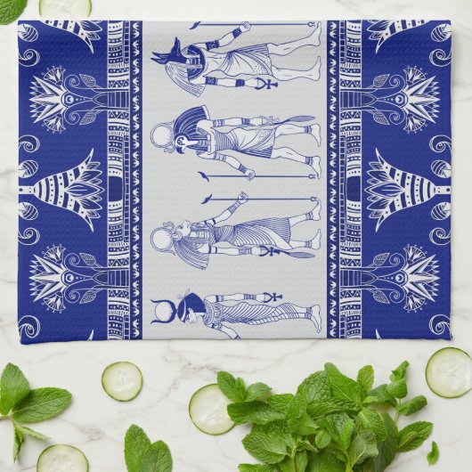 Egyptian Gods and Ornamental border - blue grey Theedoek (Gevouwen)