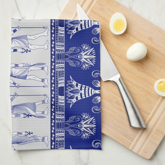 Egyptian Gods and Ornamental border - blue grey Theedoek (Quarter Fold)