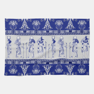 Egyptian Gods and Ornamental border - blue grey Theedoek