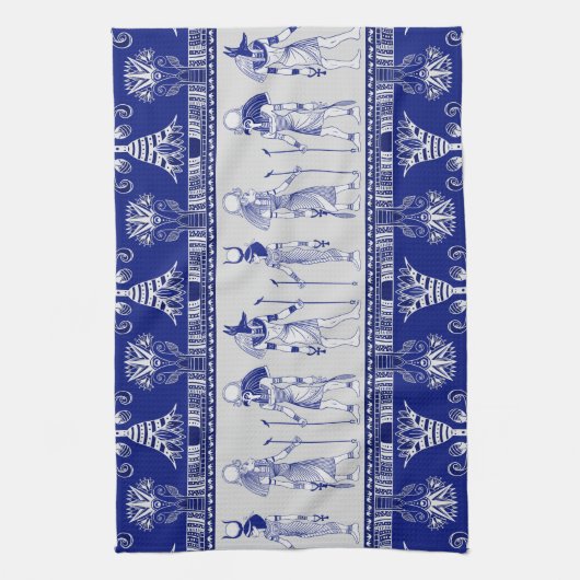 Egyptian Gods and Ornamental border - blue grey Theedoek (Verticaal)