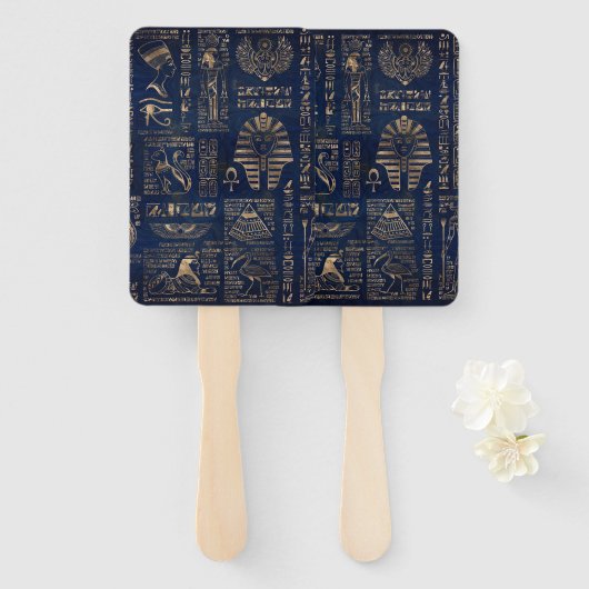 Egyptian hieroglyphs and deities gold on marble handwaaier (Voorkant en achterkant)