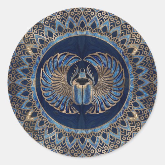 Egyptian Scarab Beetle Gold and Blue Marble Ronde Sticker (Voorkant)