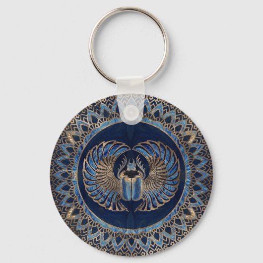 Egyptian Scarab Beetle Gold and Blue Marble Sleutelhanger (Voorkant)
