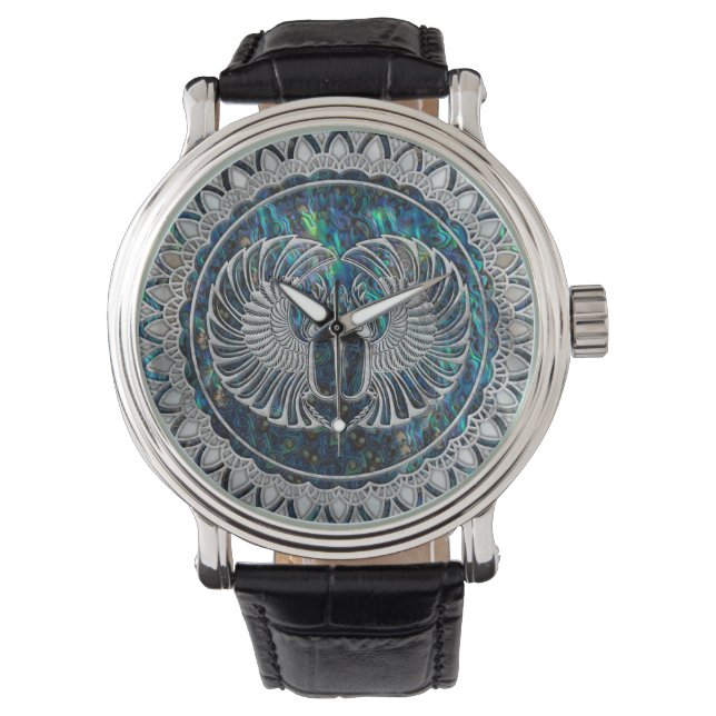 Egyptian Scarab Beetle Silver and Abalone Horloge (Voorkant)