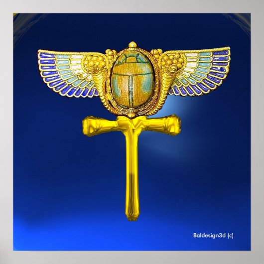 EGYPTIAN WINGED SCARAB ANKH AND CORNUCOPIA Blue Poster (Voorkant)