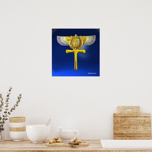 EGYPTIAN WINGED SCARAB ANKH AND CORNUCOPIA Blue Poster (Keuken)
