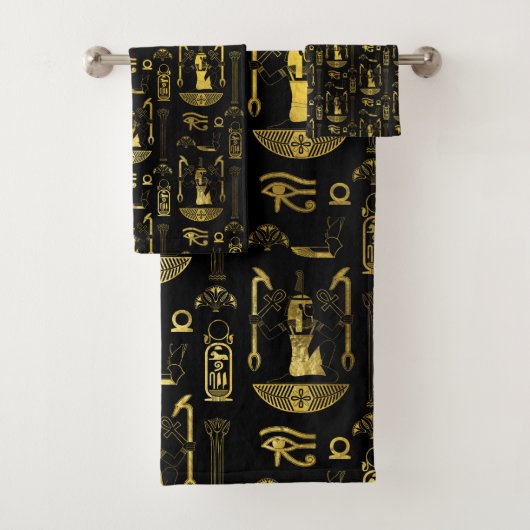 Egyptisch Decoratief Patroongoud op zwart Bad Handdoek (Insitu)