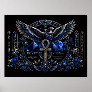 Egyptisch Erfgoed Blauw Zilver Ankh Vleugels Muurk Poster