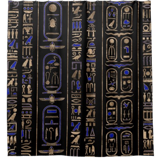 Egyptisch hiërogliefpatroon Gold Lapis Lazuli #2 Douchegordijn (Voorkant)