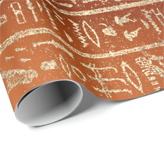 Egyptisch Hieroglyphs Gold Foxier Coral Sinaasappe Cadeaupapier (Rol Hoek)