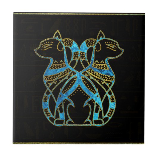 Egyptisch kattengoud en blauw gekleurd glas tegeltje (Voorkant)