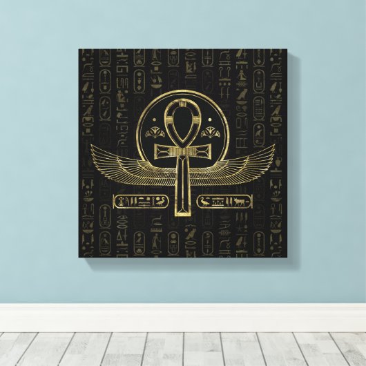 Egyptisch kruis - Ankh - Goud en zwart Canvas Afdruk (Insitu (Houten vloer))