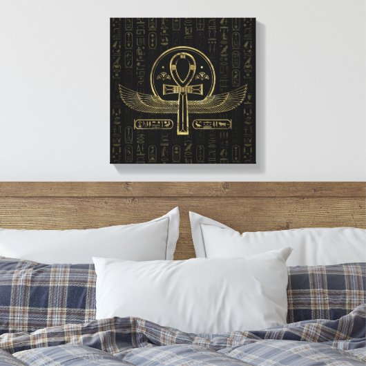 Egyptisch kruis - Ankh - Goud en zwart Canvas Afdruk (Insitu (Slaapkamer))