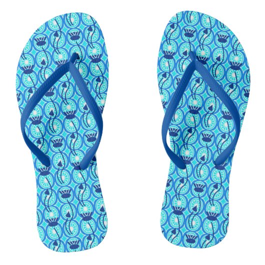 Egyptisch Lotus Pattern, Cobalt Blue en Turquoise Teenslippers (Voetbed)