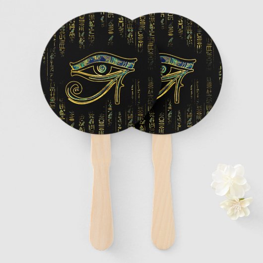 Egyptisch oog van Horus over hiërogliefen en marme Handwaaier (Voorkant en achterkant)