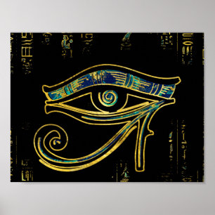 Egyptisch oog van Horus over hiërogliefen en marme Poster
