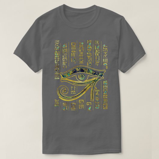 Egyptisch oog van Horus over hiërogliefgoud en mev T-shirt (Design voorkant)