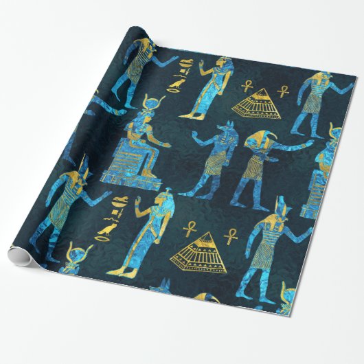 Egyptisch patroon van goud en blauw glas cadeaupapier (Uitgerold)