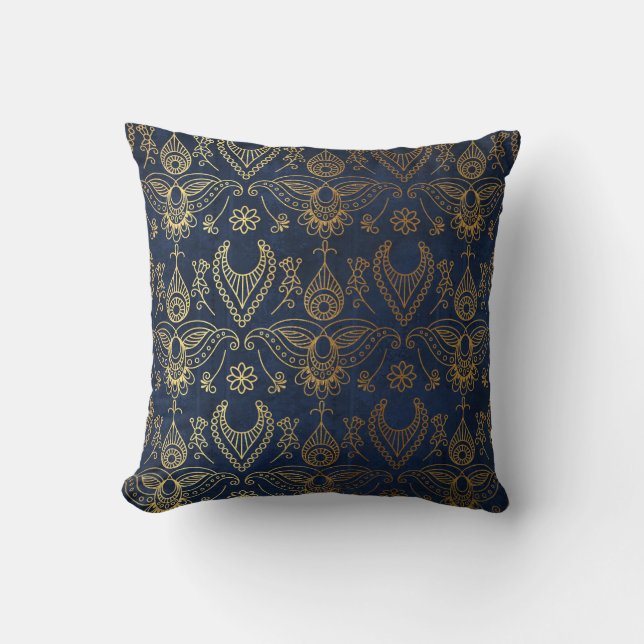 Egyptisch Peacock Gold en Midnight Blue Kussen (Voorkant)