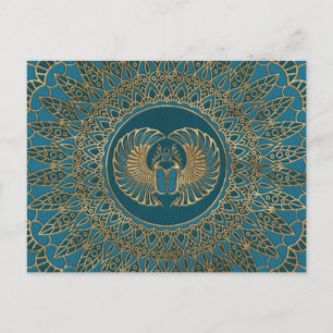 Egyptisch Scarab Beetle Gold op Blauwgroen leder Briefkaart