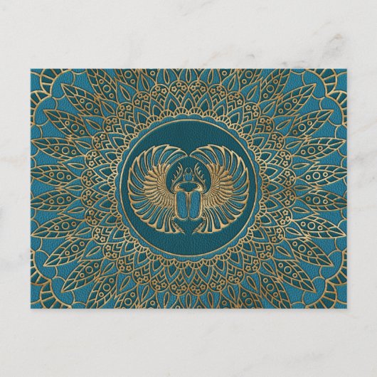 Egyptisch Scarab Beetle Gold op Blauwgroen leder Briefkaart (Voorkant)