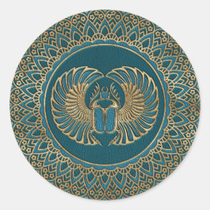 Egyptisch Scarab Beetle Gold op Blauwgroen leder Ronde Sticker