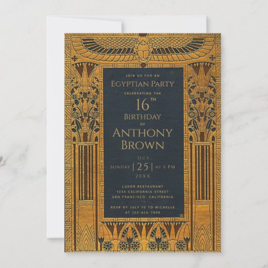 Egyptisch thema Verjaardag Elegant Goud Blauw Vint Kaart (Voorkant)
