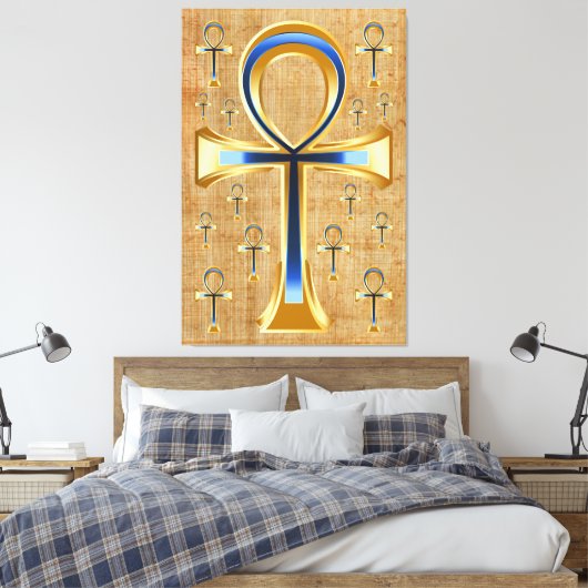 Egyptische Ankh - Gold en Blue Design Canvas Afdruk (Insitu (Slaapkamer))