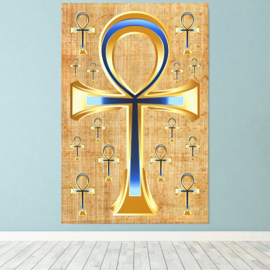 Egyptische Ankh - Gold en Blue Design Canvas Afdruk (Insitu (Houten vloer))