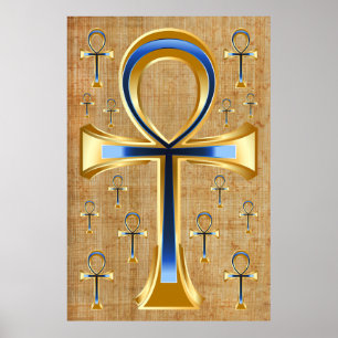 Egyptische Ankh - Goud en Blauwe Ontwerp Poster