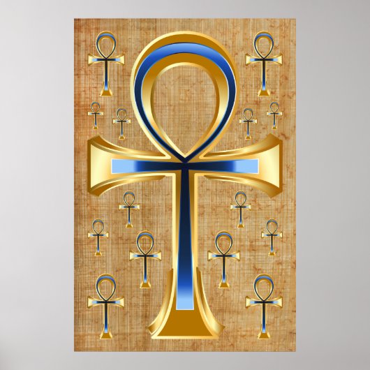 Egyptische Ankh - Goud en Blauwe Ontwerp Poster (Voorkant)