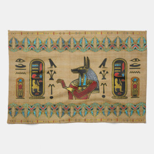 Egyptische Anubis Ornament op papyrus Theedoek