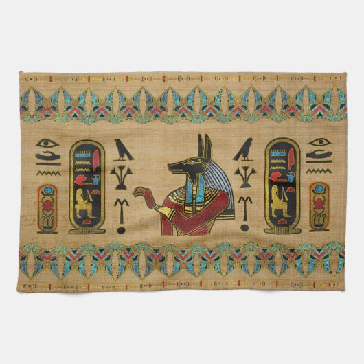 Egyptische Anubis Ornament op papyrus Theedoek (Horizontaal)
