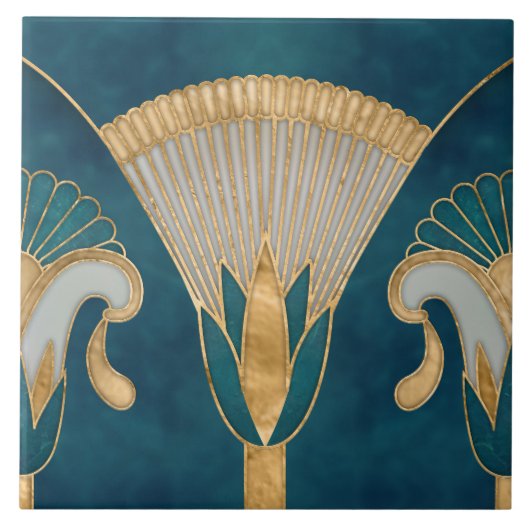 Egyptische Bloemengrens - Aqua Blue Marmer en Goud Tegeltje (Voorkant)
